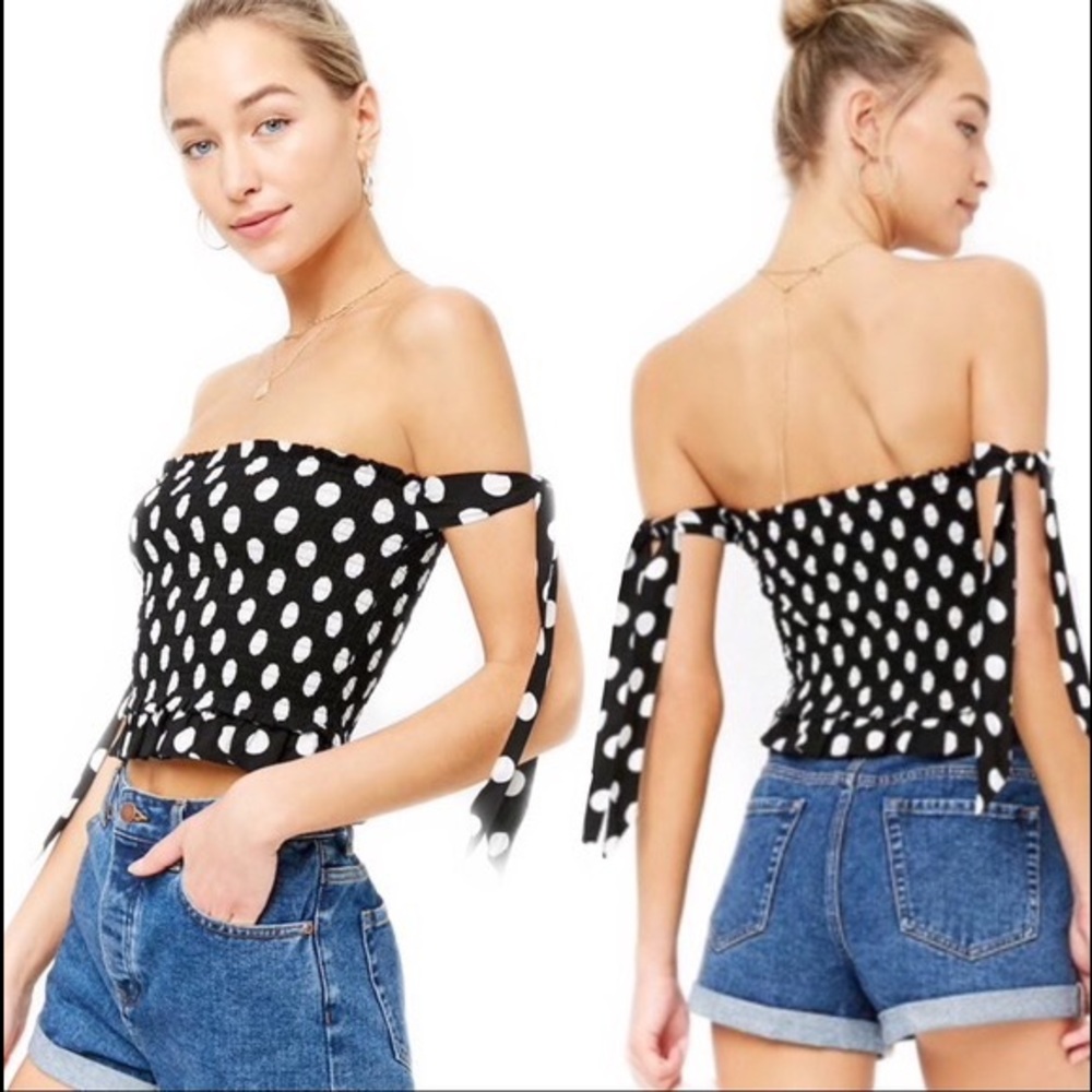 Smocked Polka dot bardot crop top